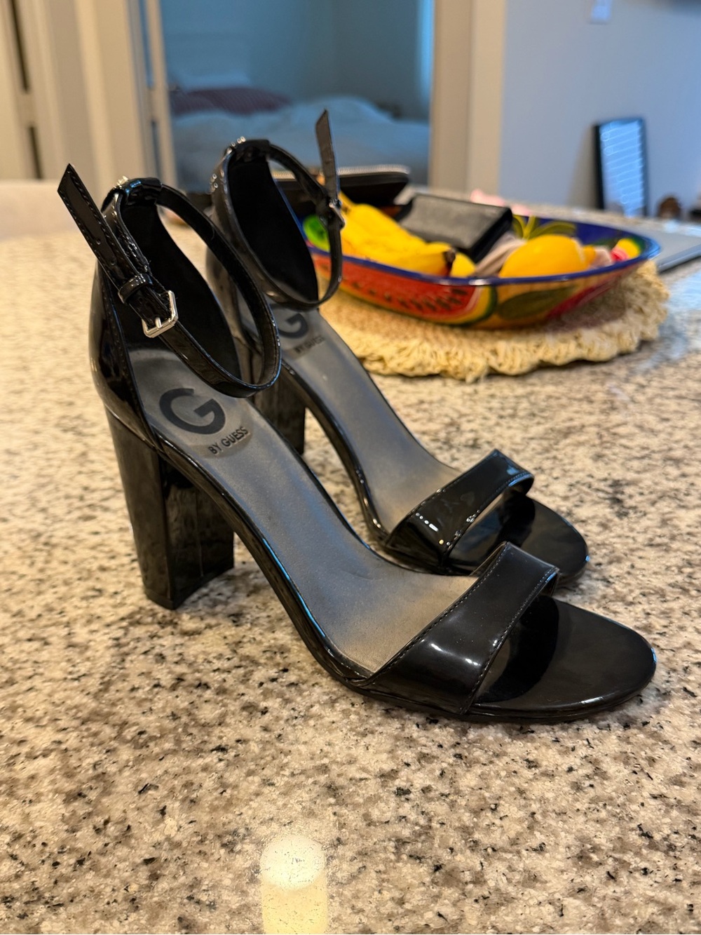 G by GUESS Black Patent Finish Ankle Strap Block Heel Size 9